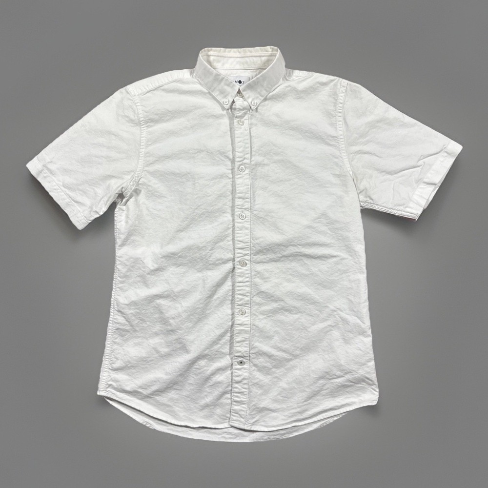 NN07 No Nationality Mens Medium White Button Down Short Sleeve Shirt Casual